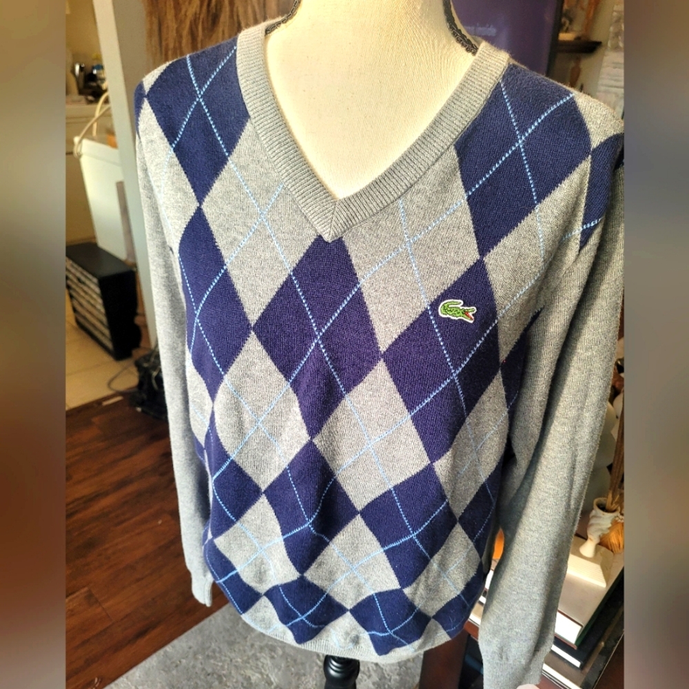Lacoste V-Neck Argyle Sweater in Gray and Blue